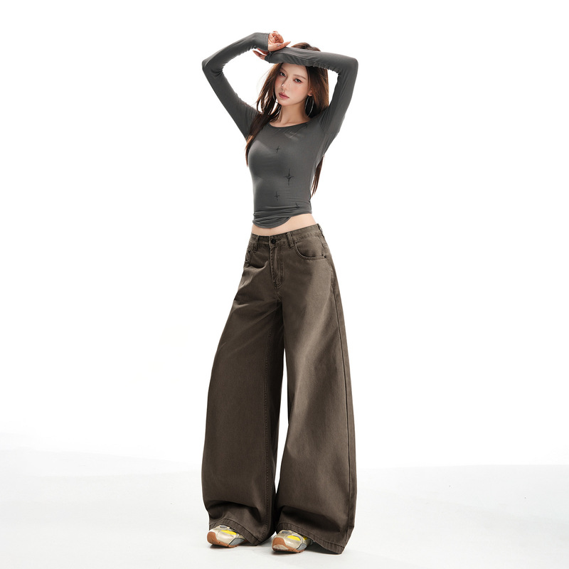 25 Autumn and Winter New Style Washed Fabric High-Waisted Slimming Design Loose Wide-Leg Casual Pants for Women