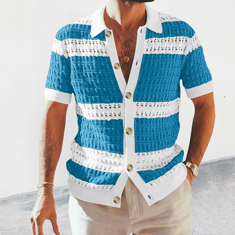 2025 Summer New Knit Shirt With Turn-down Collar, Short Sleeves, Color Block Design, Hollow Out Cardigan, Cross-border_voghion.com