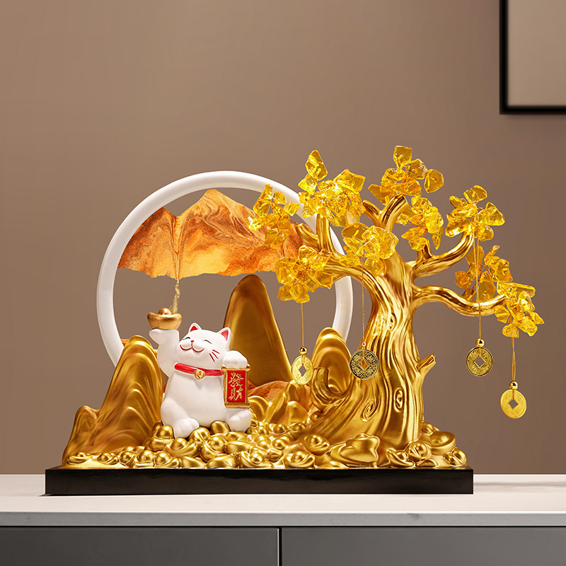 新中式发财树招财猫流沙画摆件店铺前台收银台开业礼物乔迁装饰品|undefined