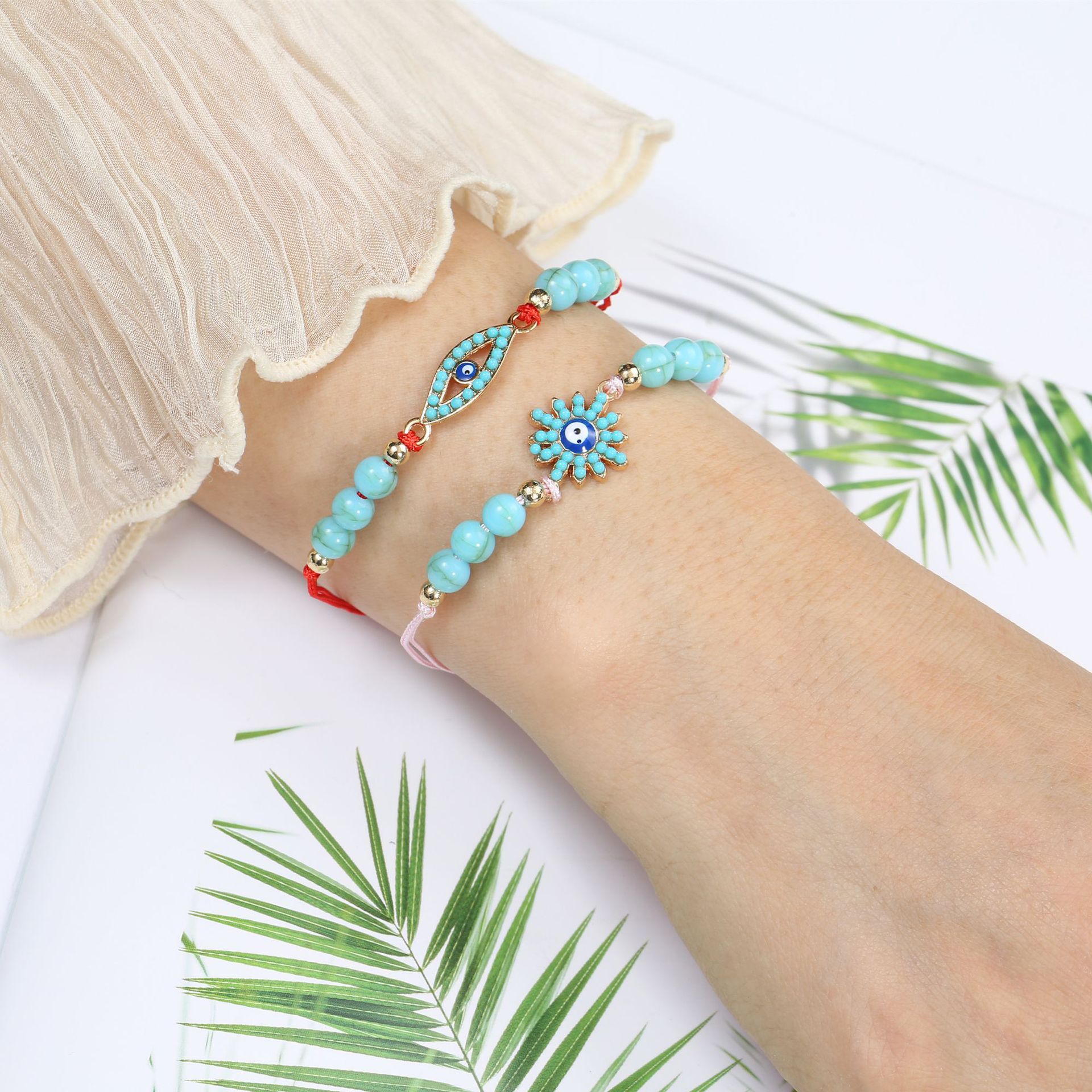Holiday, Travel Occasion Bohemian Devil's Eye Heart Shape Owl Alloy Turquoise Rope Knitting Unisex Bracelets