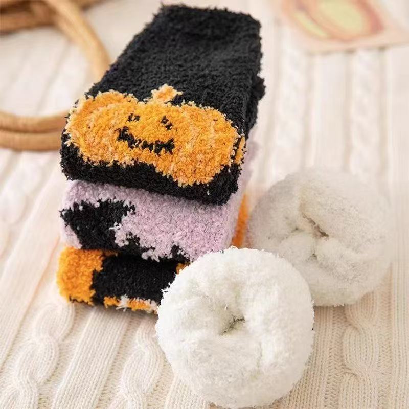 Halloween Socks, Men's and Women's Slipper Socks, Non-Shedding Plush Sleep Socks, Sailor Crew Pumpkin Coral Fleece Socks