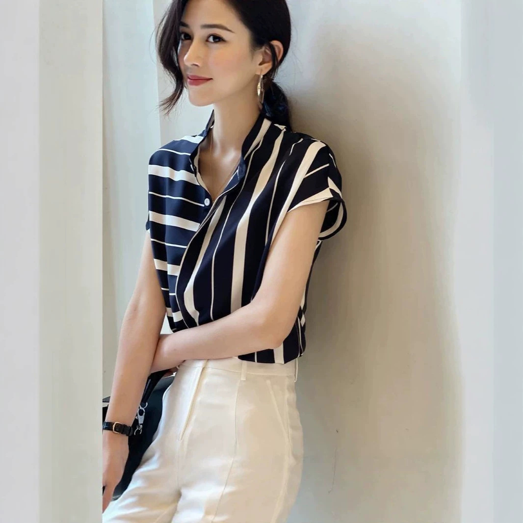 Áo sơ mi ngắn tay sọc phối màu thiết kế rộng rãi phong cách Pháp — sọc chi tiết 1