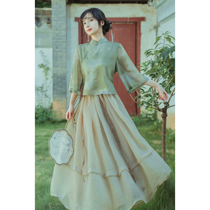 Новое китайское чайное платье дзен, комплект из двух предметов, повседневный улучшенный литературный национальный стиль династии Хань, стройнящее и нежное летнее платье