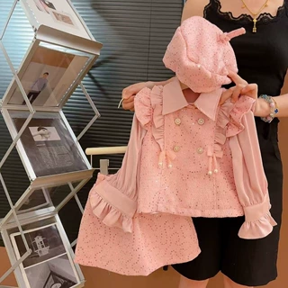 女童气质小香风套装秋季新款洋气蝴蝶结马甲衬衫半身裙三件套送帽