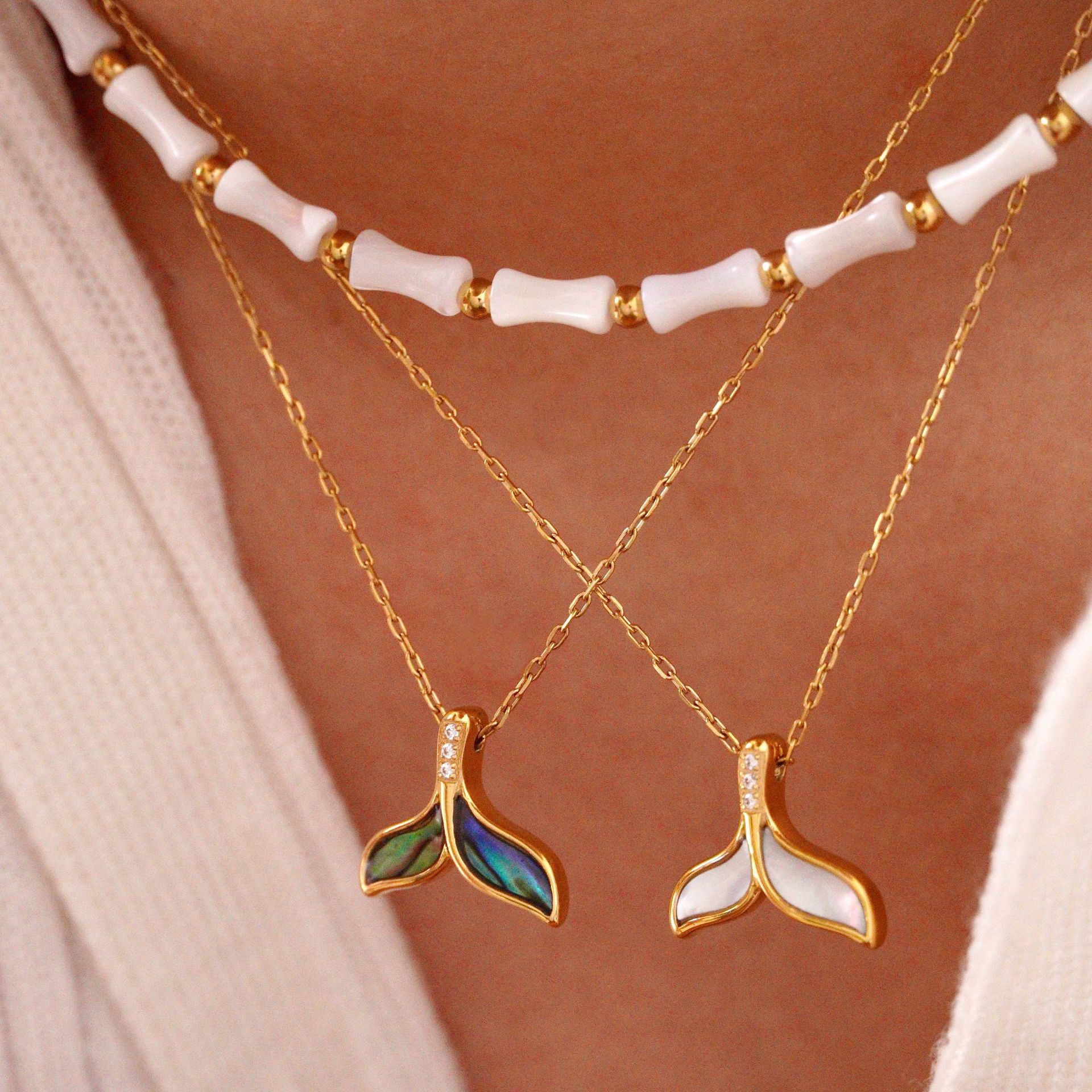 7g Weight Natural Stone Titanium Steel Casual Beaded Inlay Geometric Fish Tail Shell Zircon Pendant Necklace