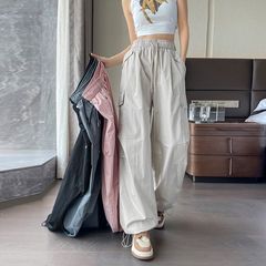 アメリカンスタイルの女性用速乾性オフホワイトオーバーオール2025夏薄手ルーズハイウエストワイドレッグストレートスポーツカジュアルパンツ