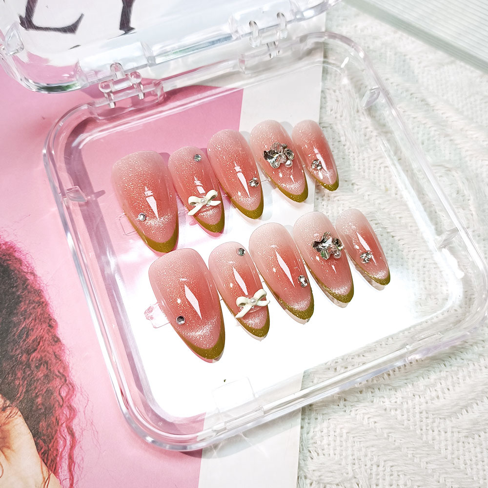 Moda verde francés con uñas, polvo brillante, ojos de gato de diamantes, uñas hechas a mano, uñas postizas de lazo de 10 piezas