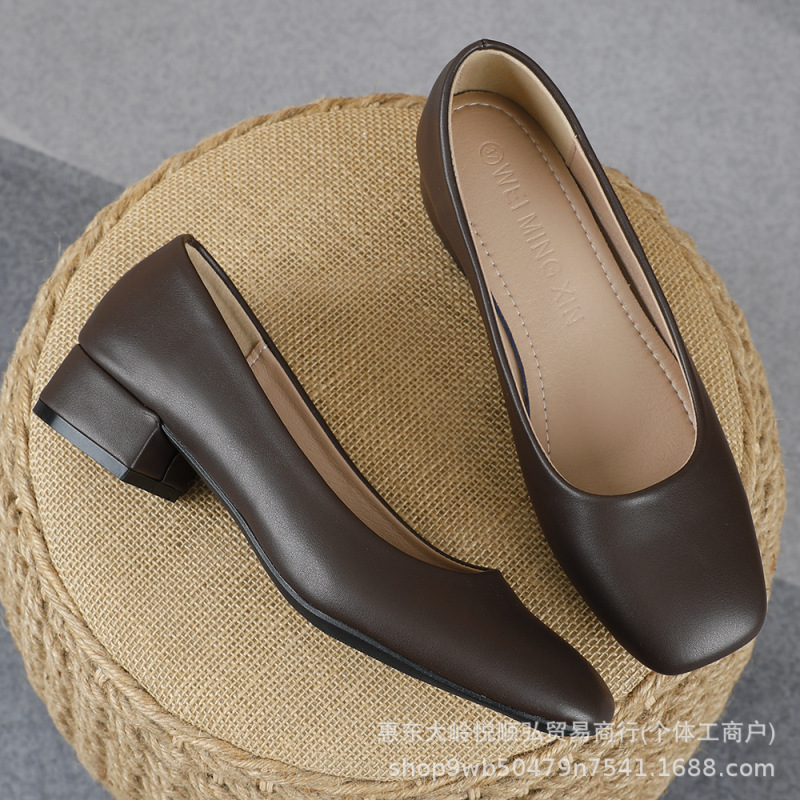 Women's Shallow-Mouthed Single Shoes, Pure Brown Square-Toe Low-Heeled Chunky Heels, Wholesale of Women's Casual Shoes for Commuting and Cross-Border Trade
