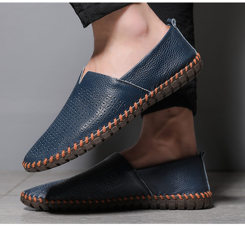 Giày lười nam da bò lớp đầu cỡ lớn, kiểu slip-on mũi tròn, đế bệt — 955 Trắng đục lỗ, 955 lỗ màu nâu, 955 lỗ màu đen, 955 màu xanh lam chi tiết 23