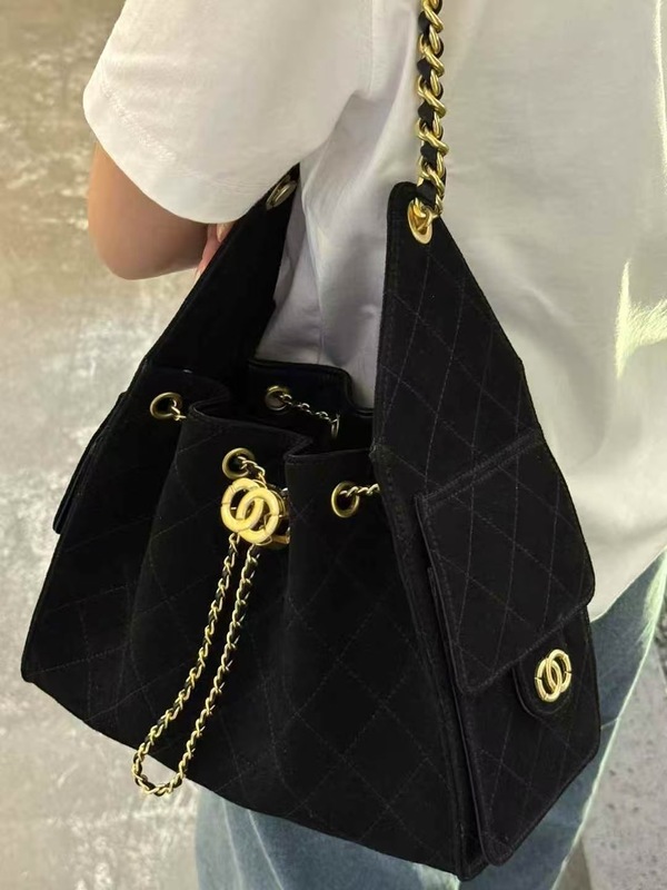 欧美时尚小香风 25c菱格链条包抽绳水桶包高质感百搭单肩斜挎包女|undefined