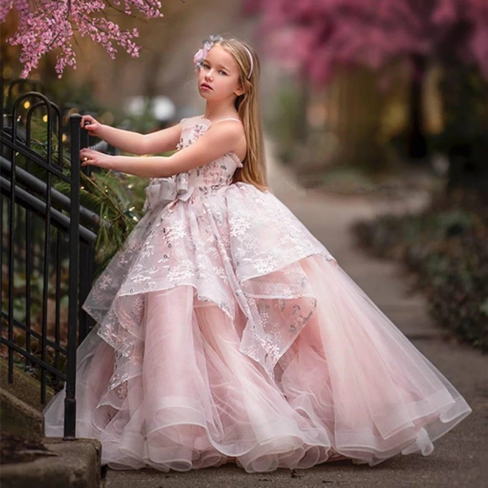 女童连衣裙外贸2024新款粉红色的珍珠球礼服花女孩礼服婚礼公主裙