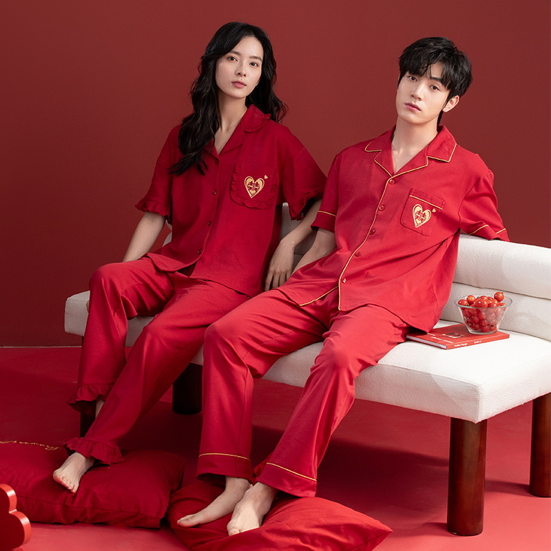 [Antibacteriano] pijamas para hombres primavera y otoño algodón de manga corta pareja ropa de boda de verano rojo damas servicio a domicilio