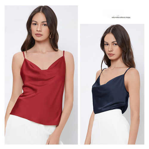 西装内搭仿真丝缎面吊带 背心女堆堆领外穿性感打底 荡领短上衣