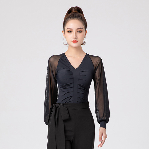 New nylon Latin dance practice clothes for women, lantern long sleeves, fashionable modern dance tops, ballroom dance clothes