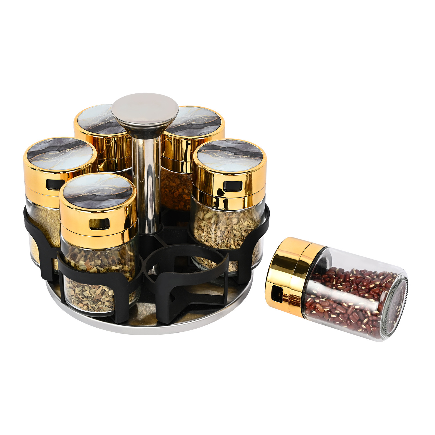 Creativo nuevo lujo ligero condimento rack traje a prueba de fugas vidrio condimento tarro sal tarro rotatorio condimento botella cocina suministros