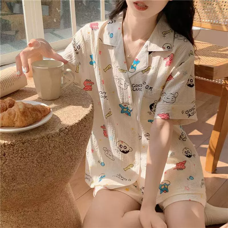 泡泡棉纱布睡衣女款可爱夏季天网红风短袖卡通蜡笔小新家居服套装