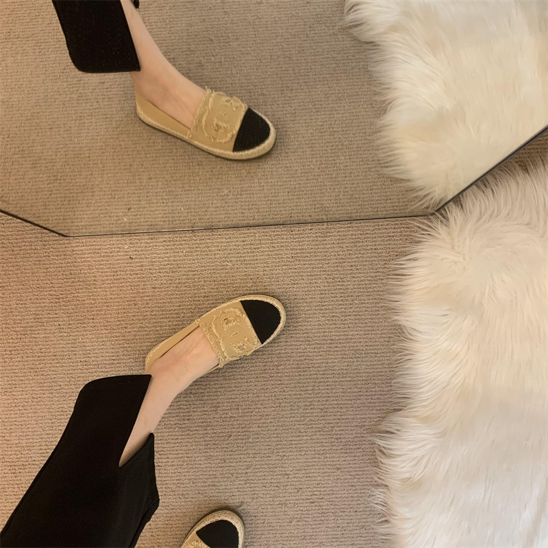 Tweed Style Fisherman Shoes for Women 2023 Spring & Fall New Flats-Soled Slip-On Thick-Soled Flats Loafers with Empty Back Women's Shoes