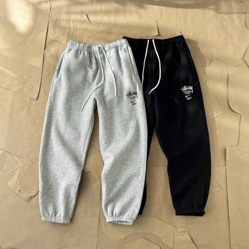 NKXstty Collaboration Retro Style Solid Color Logo Embroidered Fleece-Lined Thickened Fleece-Lined Slim Fit Sweatpants for Couples