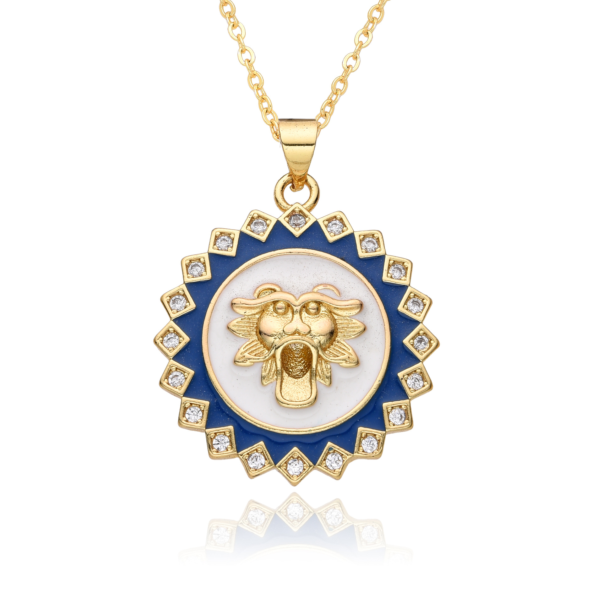 Copper Pendant Material Copper Gold Plated Enamel Inlay Round Lion Bee Zircon Pendant Necklace
