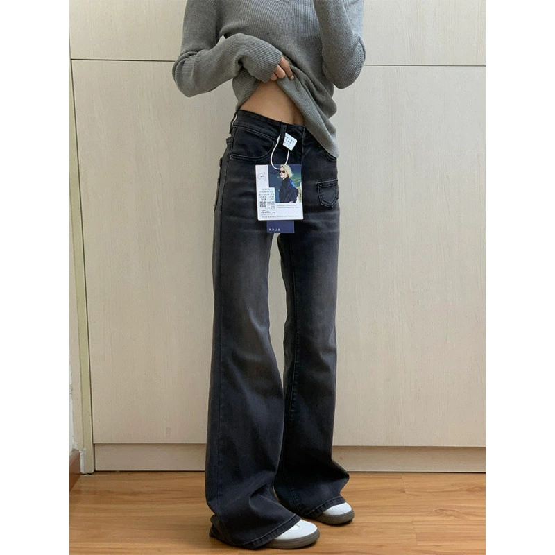 Винтажные эластичные широкие джинсовые/хлопковые брюки с низкой талией для женщин, летние и осенние тонкие универсальные расклешенные брюки.