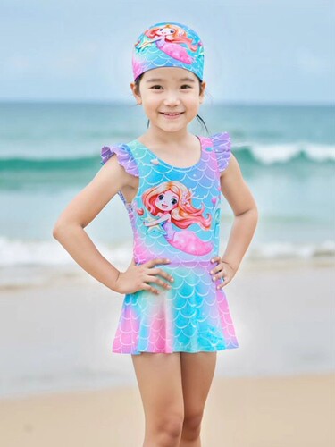 Cartoon Print Girls' Swimwear Children's Summer Hot Spring Swimming Set for Girls One-piece Breathable Quick-dry Mermaid