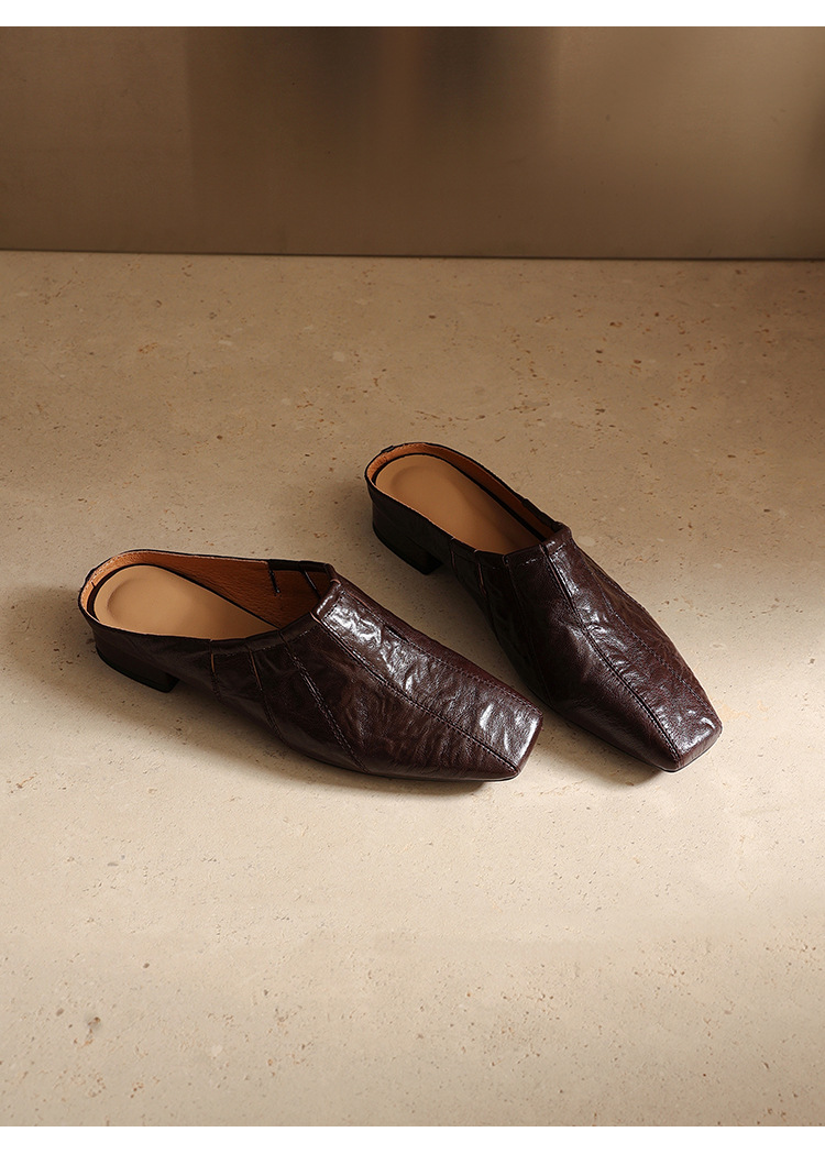 Sandal hở mũi nữ gót thấp 2,5 cm da cừu mũi trùm — màu nâu chi tiết 15