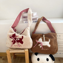 韩版刺绣卡通小狗斜挎包大容量通勤托特包小清新秋冬毛绒单肩包女