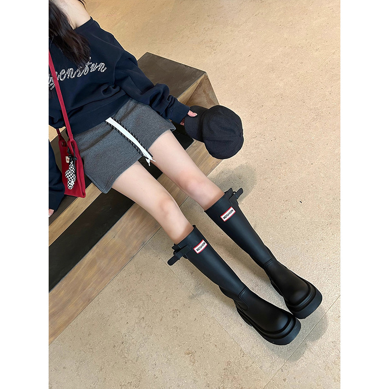 英伦风红色厚底骑士靴女2025年新款套筒粗跟长筒防水防滑雨靴|undefined