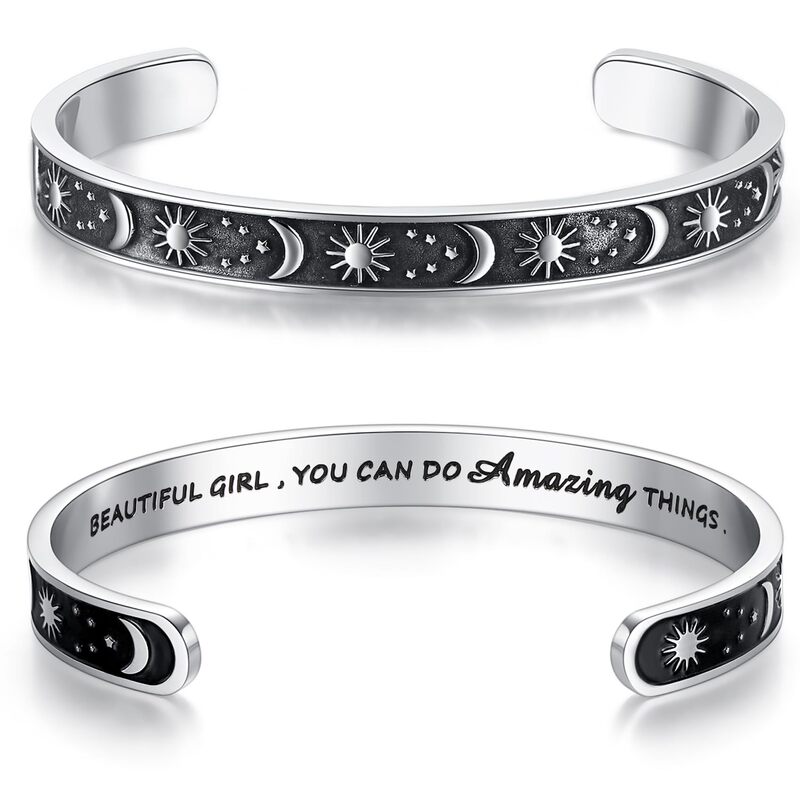 Stainless Steel Open Bracelet for Women English Laser Engraved Sun Moon Flower Bracelet Sun Moon Star Motivational Bracelet Stainless Steel Open Bracelet for Women English Laser Engraved Sun Moon Flower Bracelet Sun Moon Star Motivational Bracelet