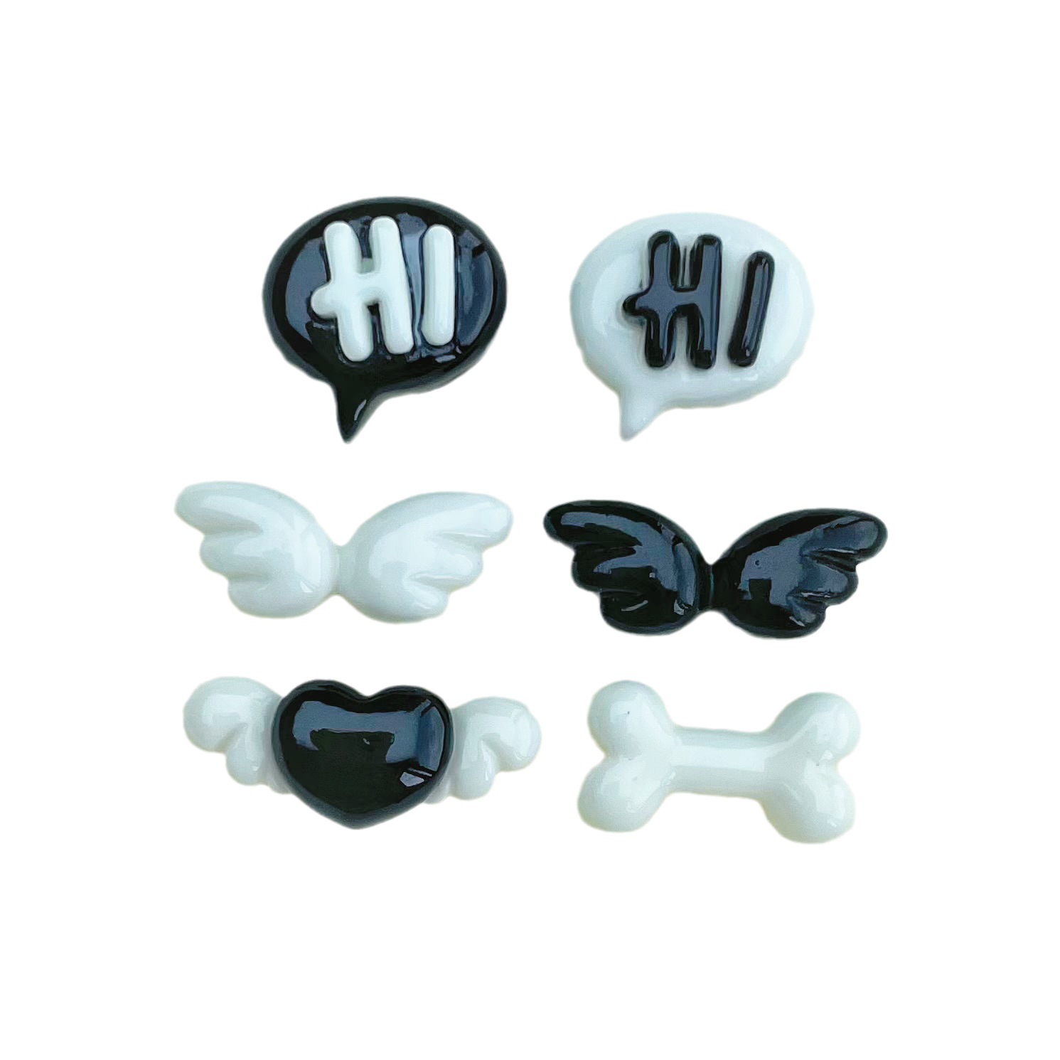 Alas negras hueso blanco brillante mini tamaño pequeño resina accesorios crema teléfono Shell clip de pelo negro y blanco pendientes