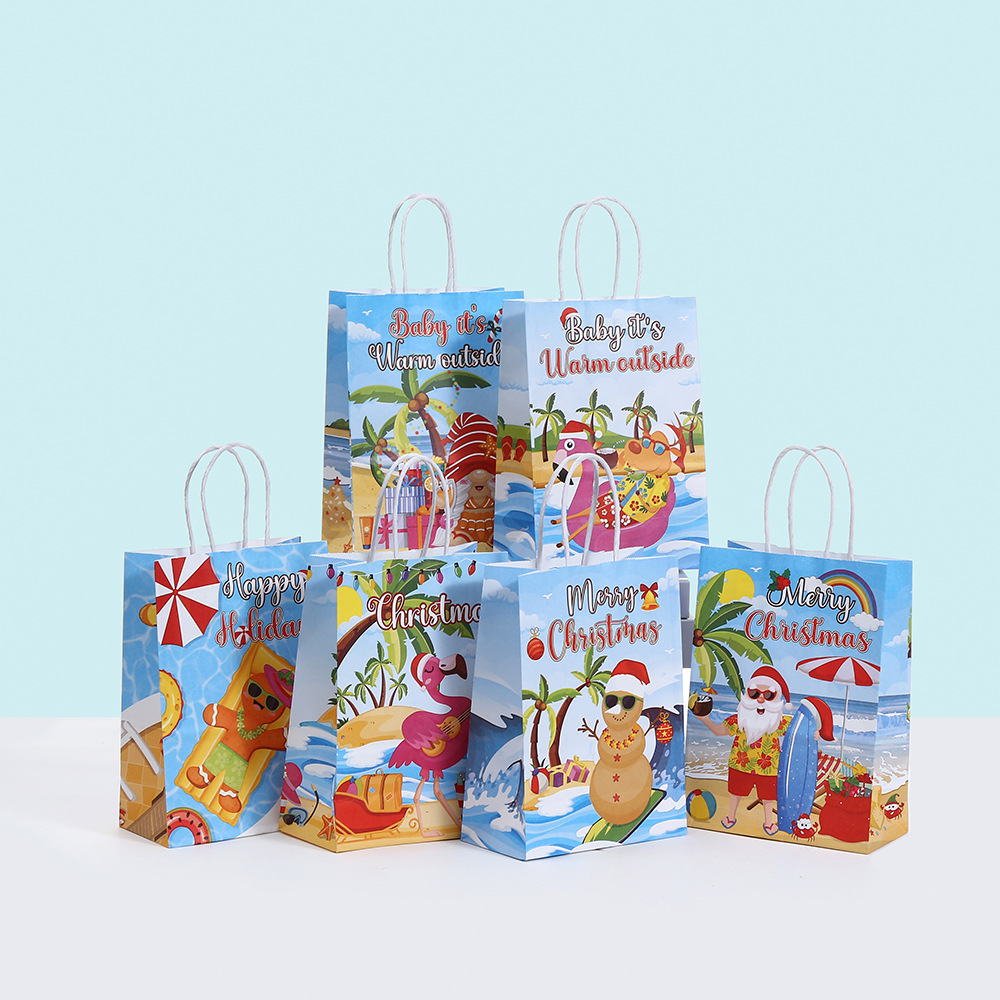 沙滩圣诞礼品袋派对礼物包装袋牛皮纸手提袋印花购物袋批发外卖袋