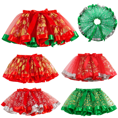 2024 New Year and Christmas girls tutu skirt bronzing Christmas tree elk tutu skirt mesh children's princess skirt