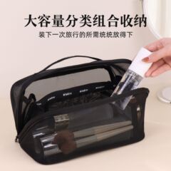 起爆黒色ネット糸多機能階層化粧バッグ大容量化粧品収納バッグ携帯洗面袋バッグ