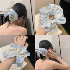 海盐芝士巨显白淡蓝色条纹刺绣蕾丝大肠发圈头饰少女丸子头发绳