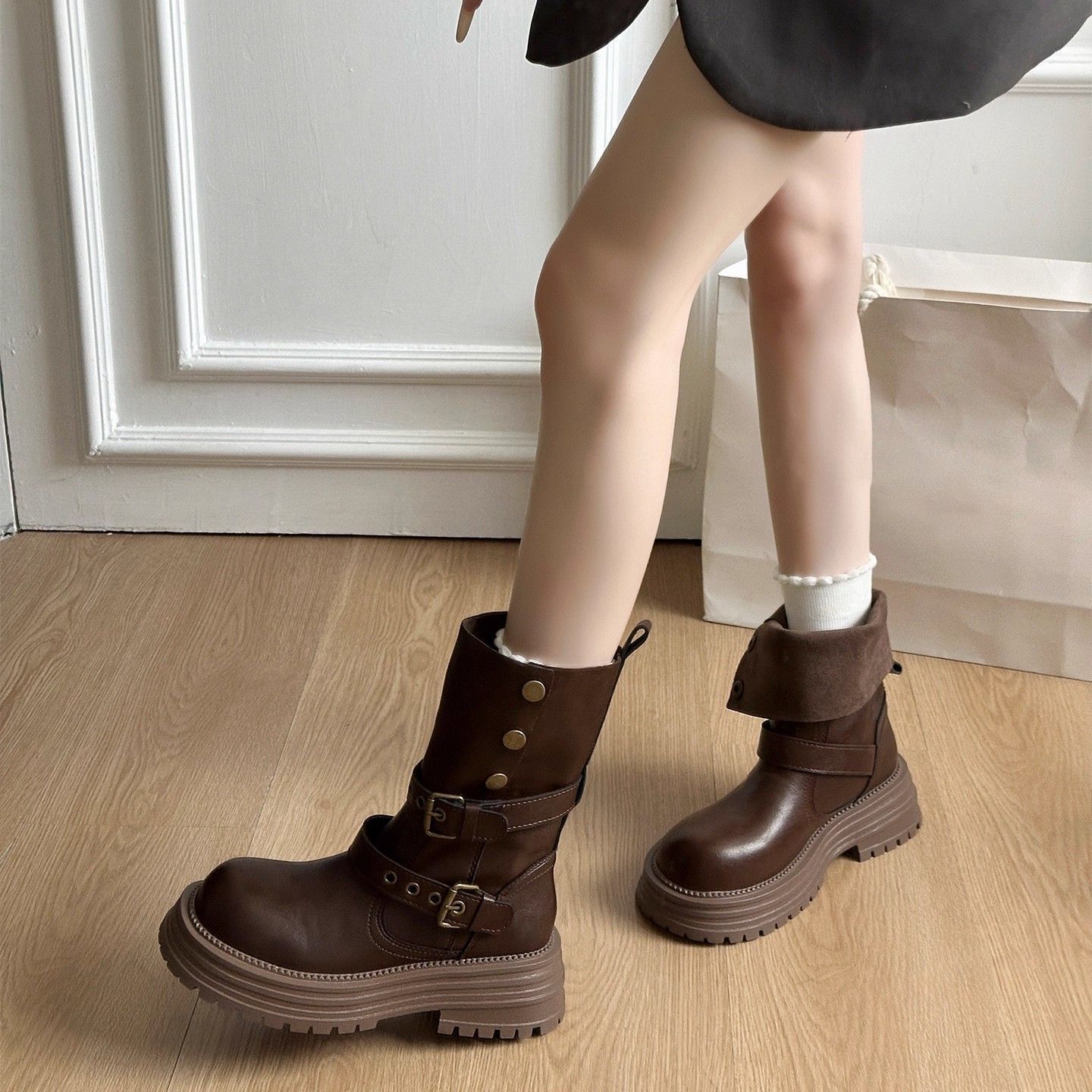 Retro Versatile and Comfortable Mid-Calf Boots for Women 2025 Autumn and Winter New British Style Thick-Soled Heightening Boots for Women