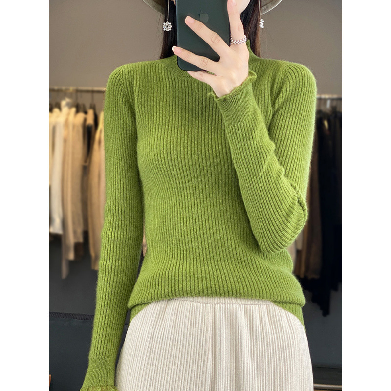 European Autumn and Winter New Lace Ear Lace Half Turtleneck Sweater Women's Slim-fit Inner Base Shirt Round Collar Stylistics