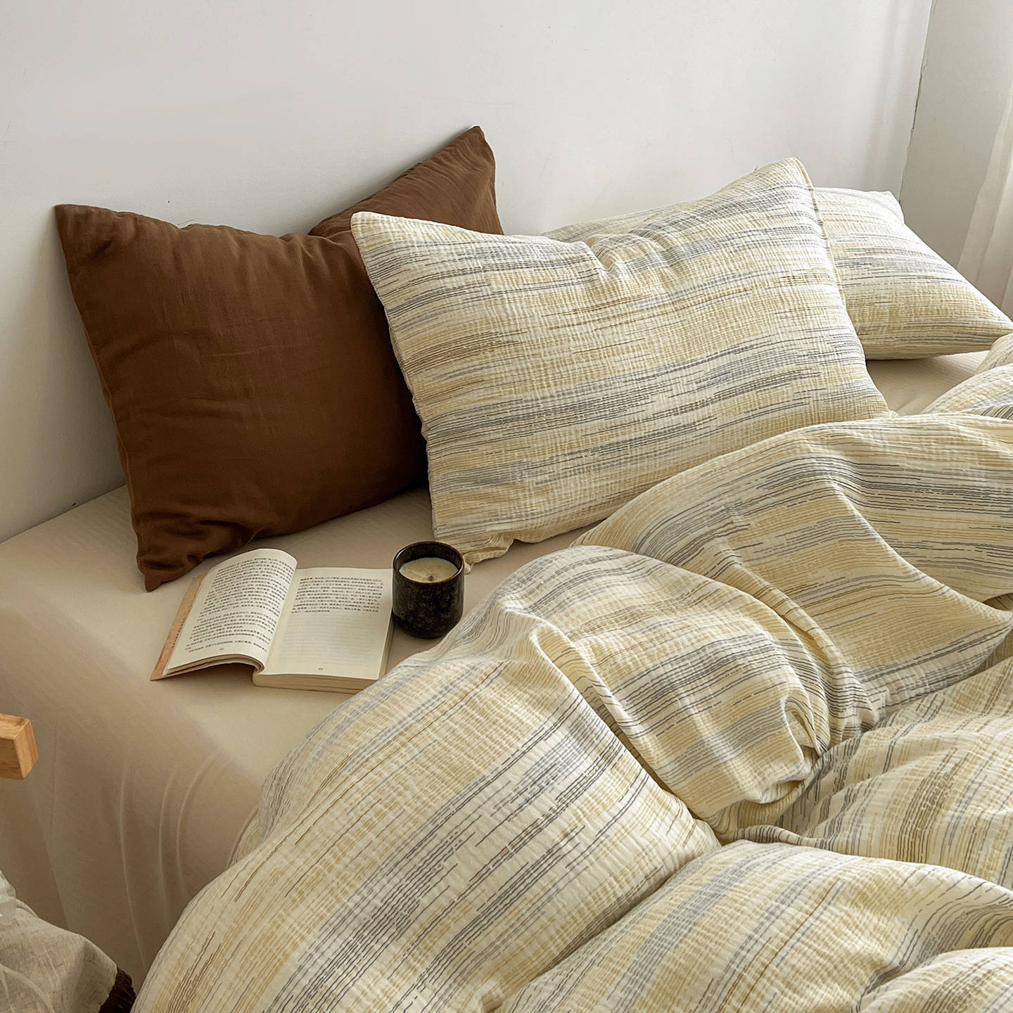 Cama a cuadros a rayas de algodón lavado de cuatro piezas, dormitorio de estudiantes de primavera y verano, sábana individual, funda de edredón, juego de tres piezas lavable a máquina