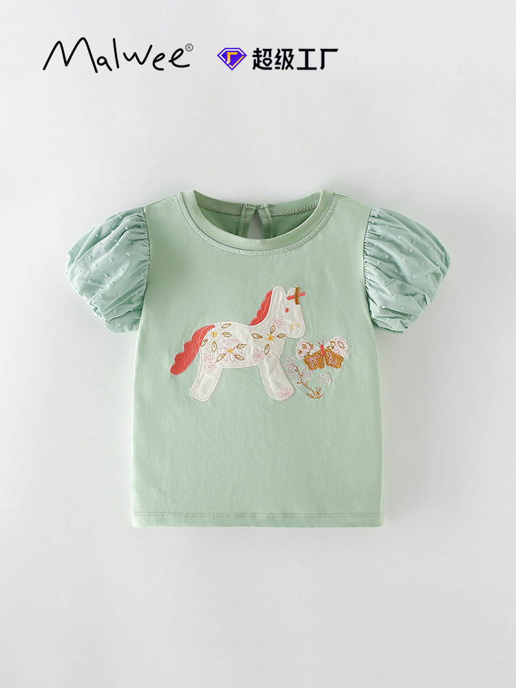 Ropa para niños transfronteriza malwee camiseta para niñas verano nuevo estilo europeo y americano niños pequeños y medianos cuello redondo manga corta ropa para niños estilo occidental