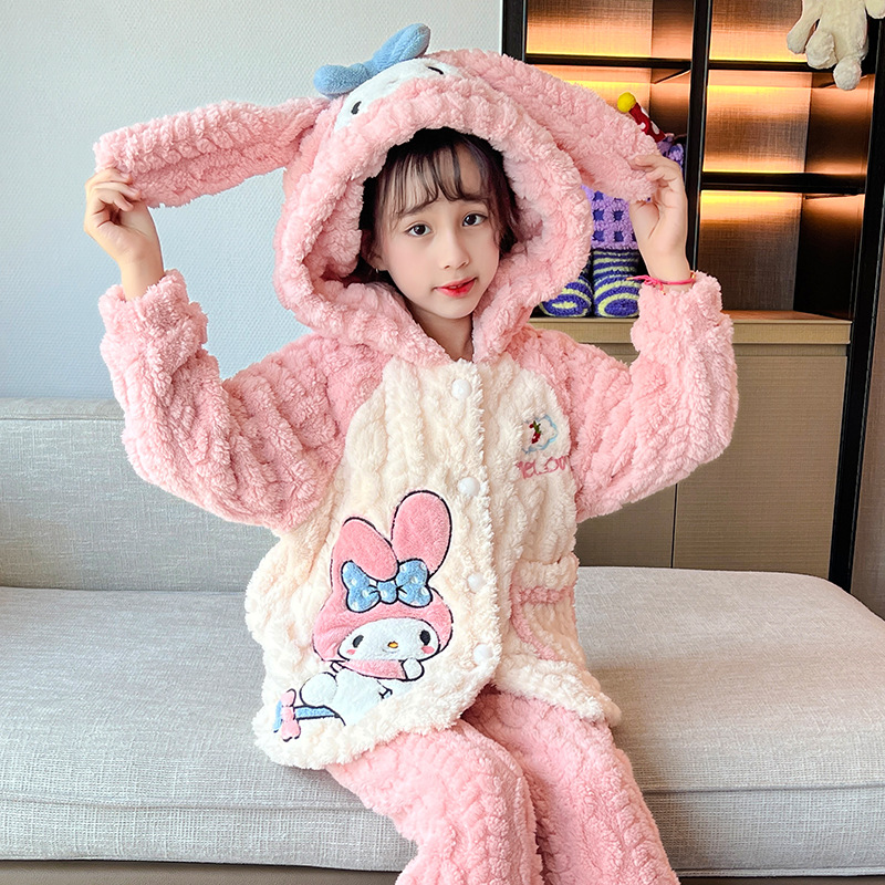 儿童睡衣女孩秋冬季珊瑚绒加厚加绒款女童中大童法兰绒家居服套装