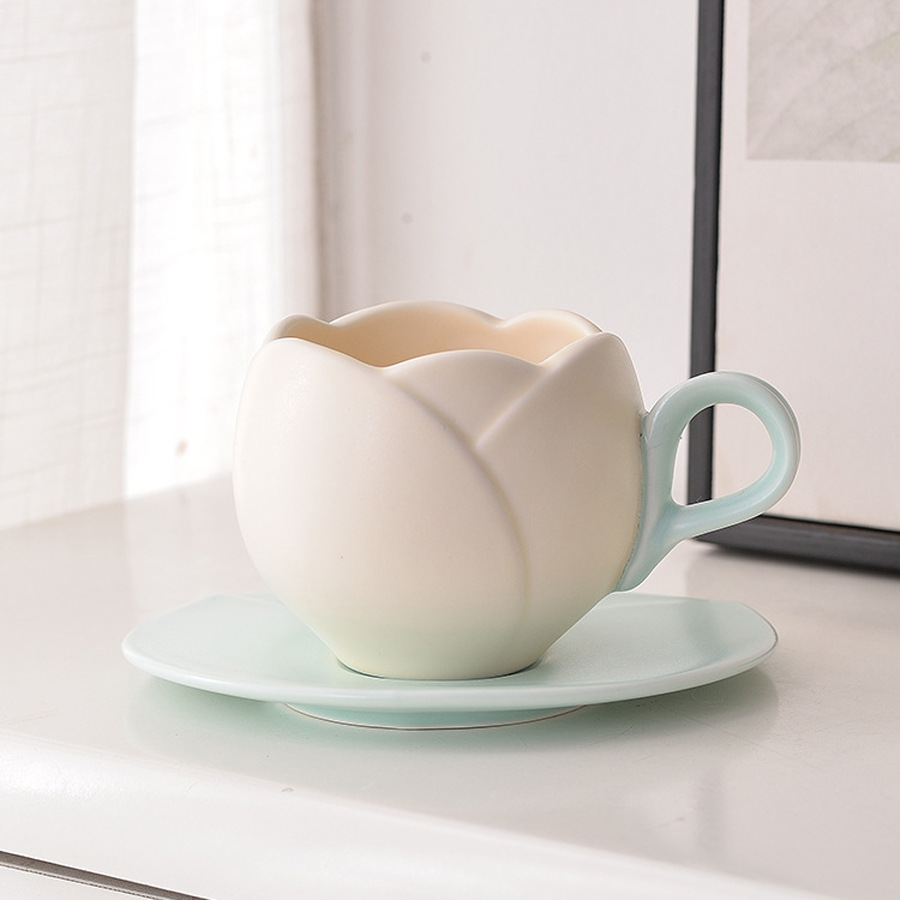 Tulip Flower Ceramic Coffee Cup And Saucer Set For Home Cafe_voghion.com