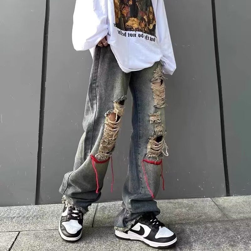 American Retro Ripped Jeans for Men, Trendy Brand, Loose Casual Straight-Leg Pants, Distressed Pants, One-Click Dropshipping
