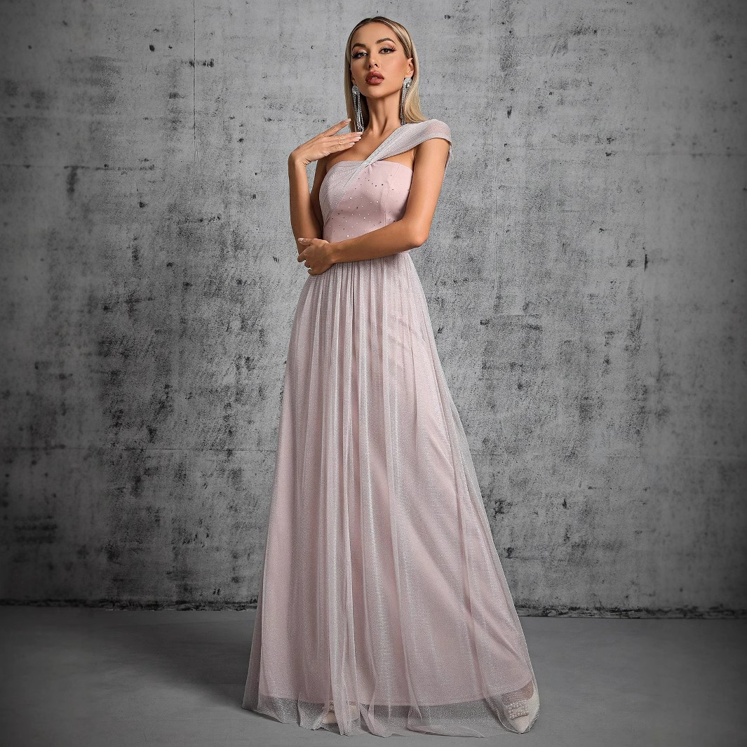 Foreign Trade New Shoulder Evening Dress Adult Ceremony Ball Veil Skirt Waist Slimming Elegant Dress Annual Meeting Evening Dress for Women