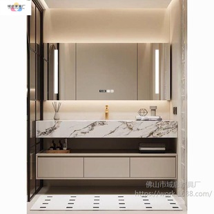 簡約酒店岩板無縫洗漱一體浴室櫃組合防霧照明帶鏡