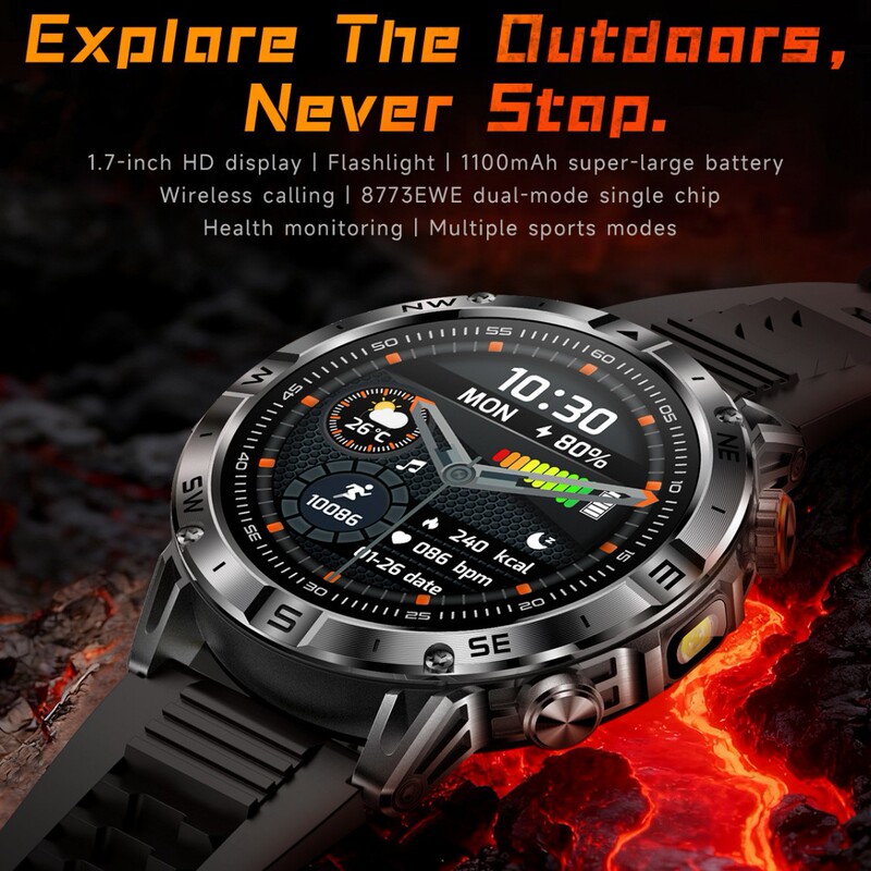 Zw94 Outdoor Tactical Smart Sports Watch Flashlight 1100Mah Ultra-Long Battery Life Bluetooth Call 68 Waterproof