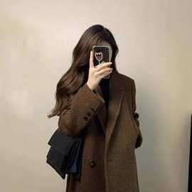 外贸跨境女式双面羊绒大衣中长款咖色毛呢外套女2025新款爆款秋冬