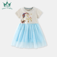 跨境货源26年春夏儿童短袖网纱连衣裙女童卡通亮片马绣花童裙现货