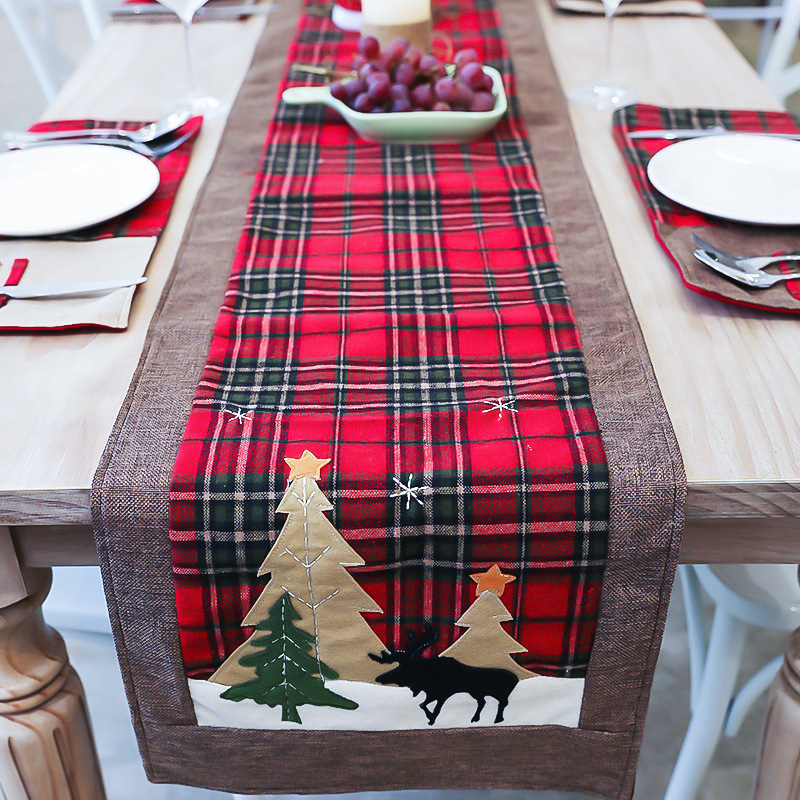心愿圣诞棉麻花格子桌旗创意新款圣诞节装饰餐厅餐桌桌布茶桌桌旗