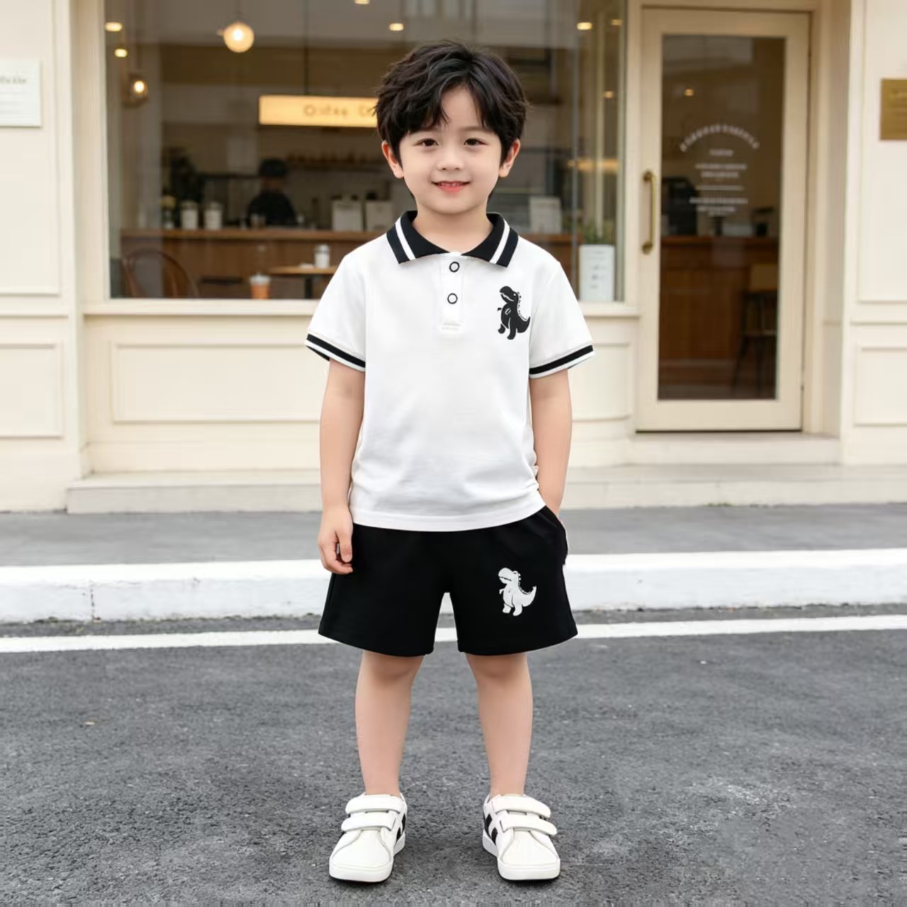 Ropa infantil transfronteriza para niños de verano casual moda dinosaurio bordado polo camisa + pantalones cortos dos piezas set al por mayor