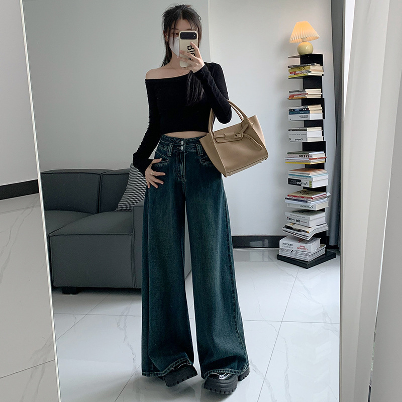2025 Casual Wide-Leg Jeans for Women, Hong Kong Style Narrow Straight-Leg Pants, New Autumn Style, Loose Drape, Extended Length, Floor-Length Pants