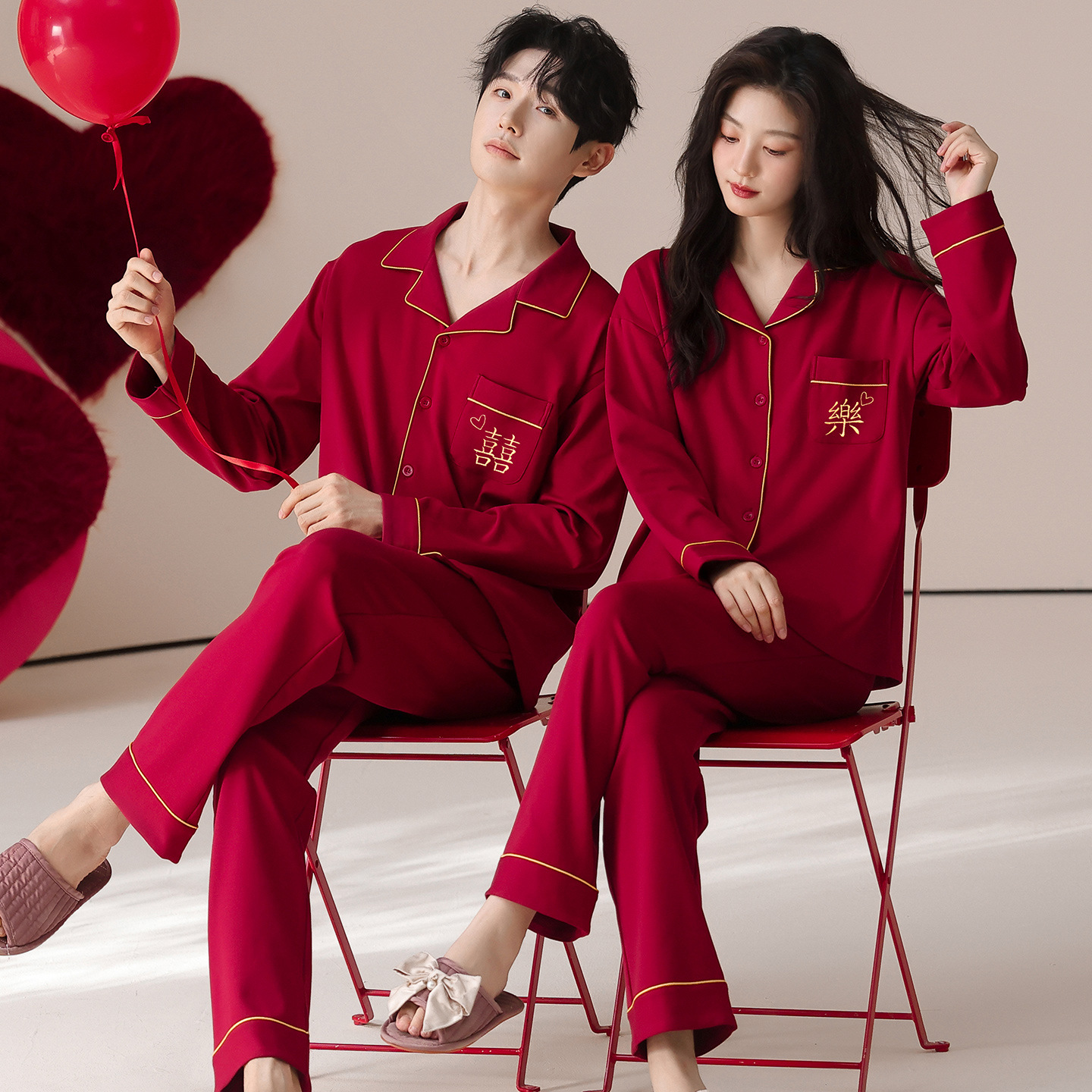 Grande vermelho festivo recém-casados ​​senhoras pijamas de algodão puro casal outono e inverno cardigan de manga comprida animal ano conjunto de roupas para casa
